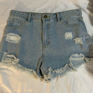 Light Blue High-Waisted Jean Shorts with Distressed Details